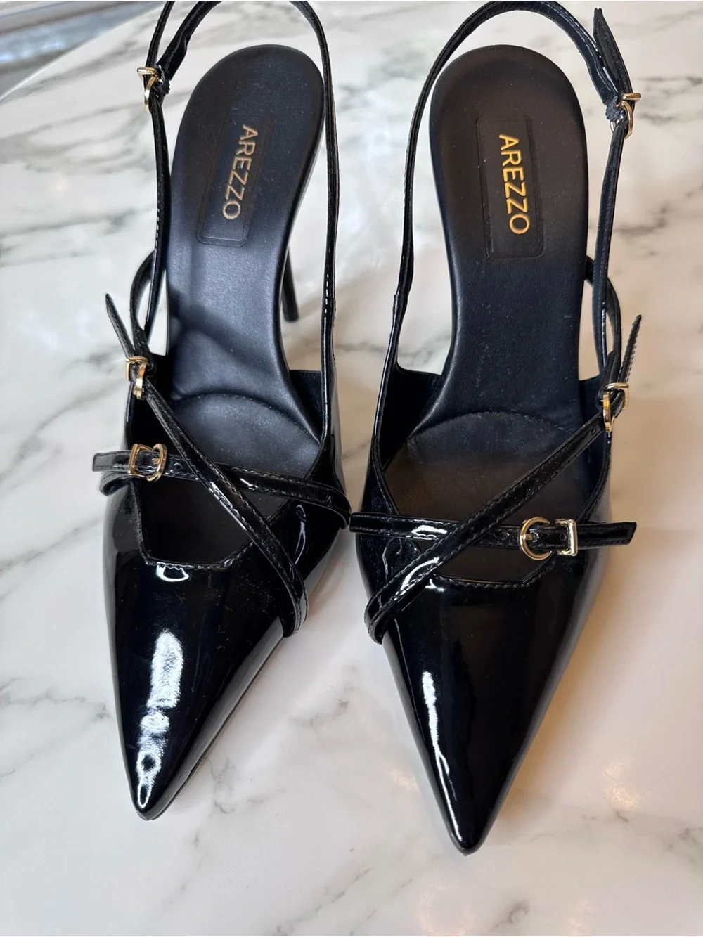 Arezzo Black Patent Pointed Slingback Heels